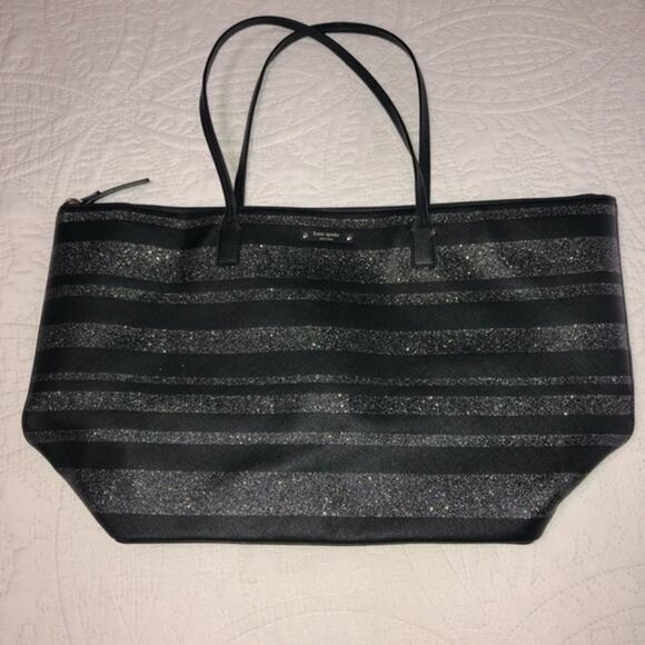 UEC KATE SPADE LARGE BLACK & METALLIC STRIPED TOTE - Picture 1 of 8